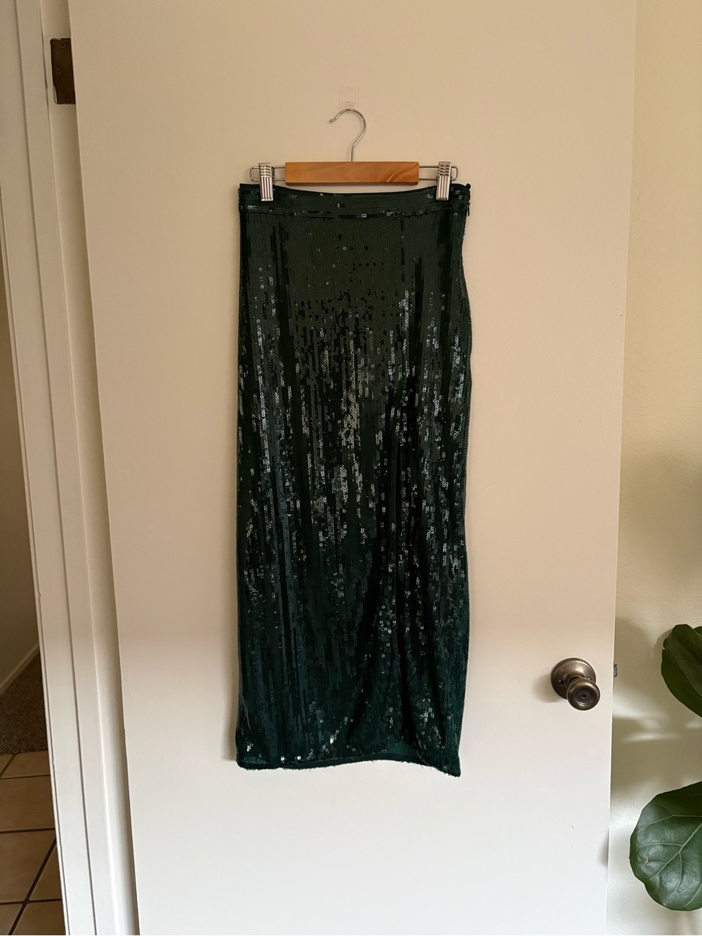 Emerald Green Sequin Midi Skirt with Slit